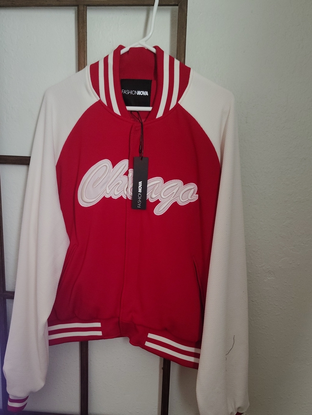 Fashion Nova Red & White Chicago Varsity Jacket